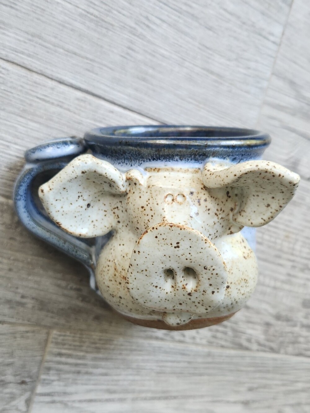 Handmade Pig Pottery Blue Beige Glazed Coffee Mug